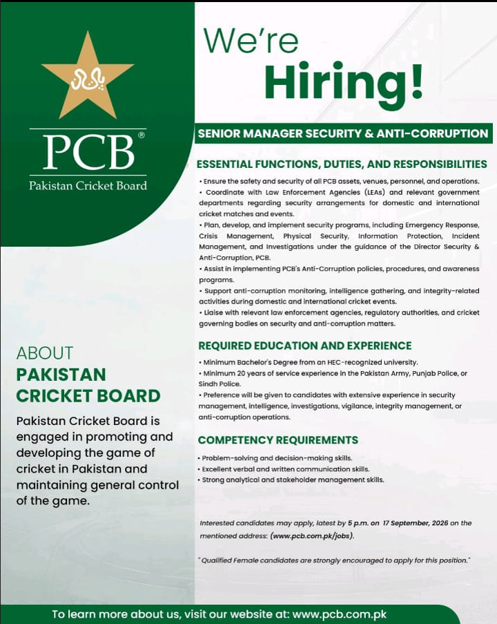 Pakistan Cricket Board (PCB) Security Vacancy